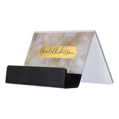 Gold  White Marble Gold Shine Foil Glam Chic Desk Business Card Holder