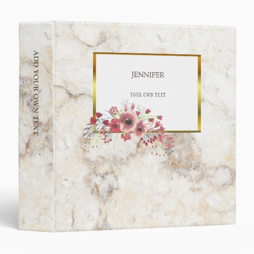 Gold  white marble red watercolor summer flowers binder