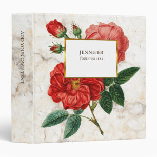 Gold & white marble red watercolor vintage roses 3 ring binder