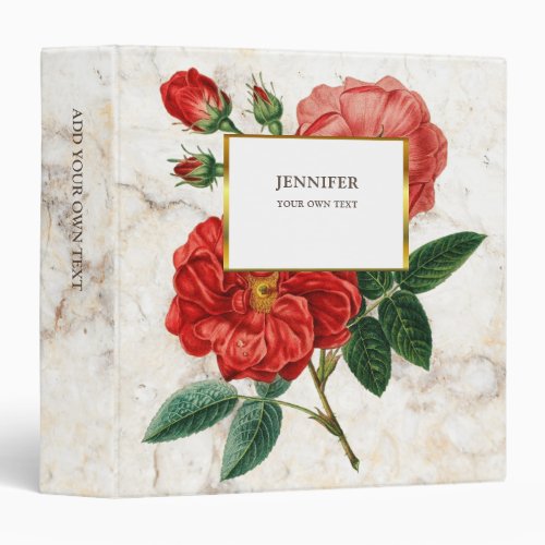 Gold  white marble red watercolor vintage roses 3 ring binder