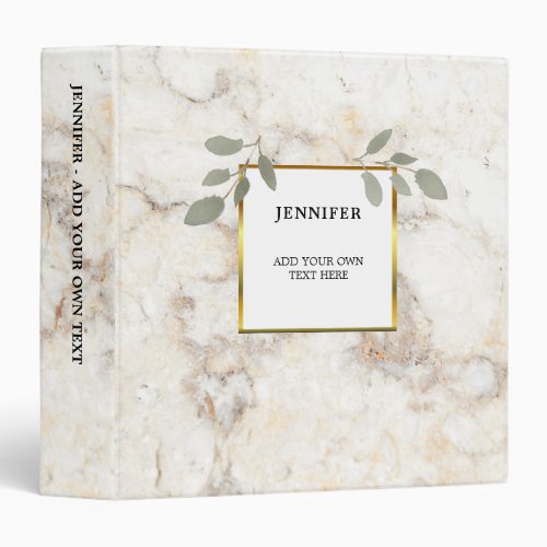Gold white marble watercolor leaves monogrammed 3 ring binder