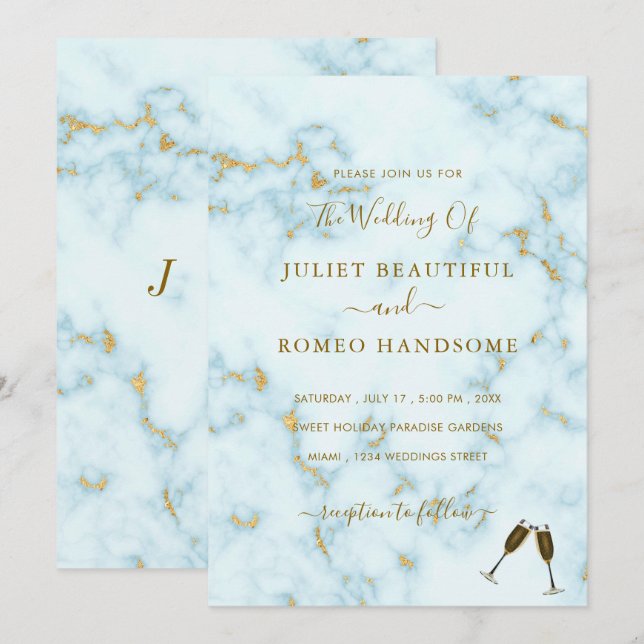 Gold White Marble Wedding Invitation and Champagne (Front/Back)