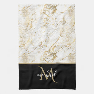 Gold & White Marble with Black Monogram  Kitchen Towel