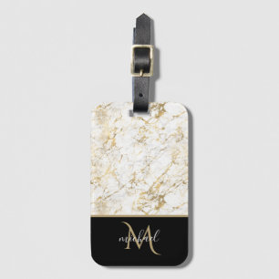 Gold & White Marble with Black Monogram Luggage Tag