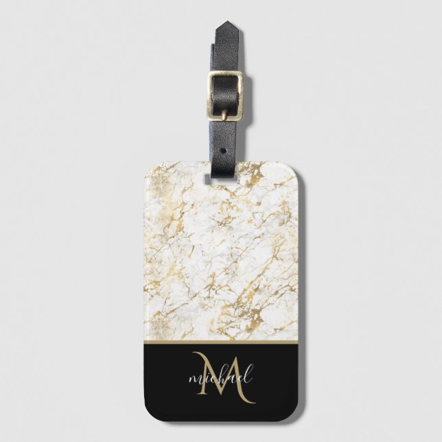 Gold & White Marble with Black Monogram  Luggage Tag (Front Vertical)