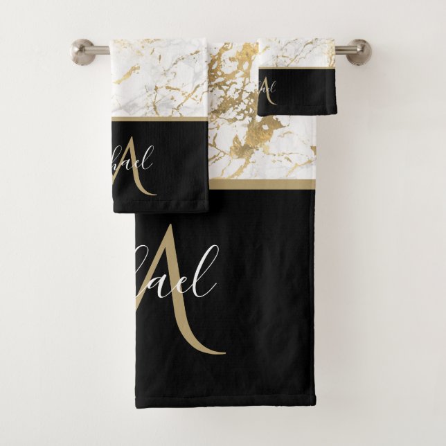 Gold & White Marble with Black Monogram Luxury Bath Towel Set (Insitu)