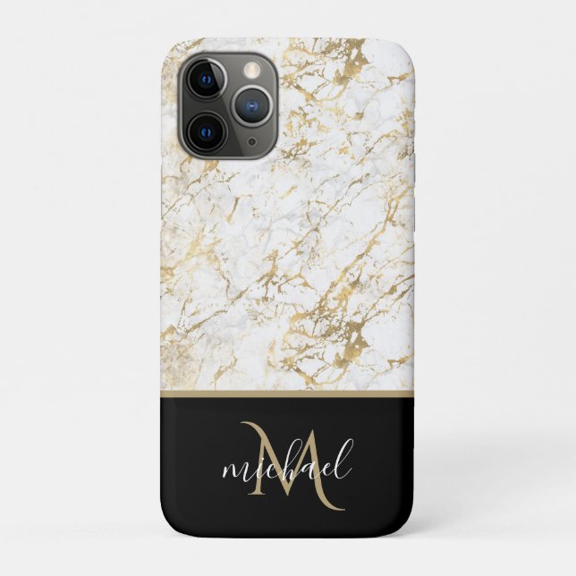 Gold & White Marble with Black Monogram Luxury Case-Mate iPhone Case (Back)