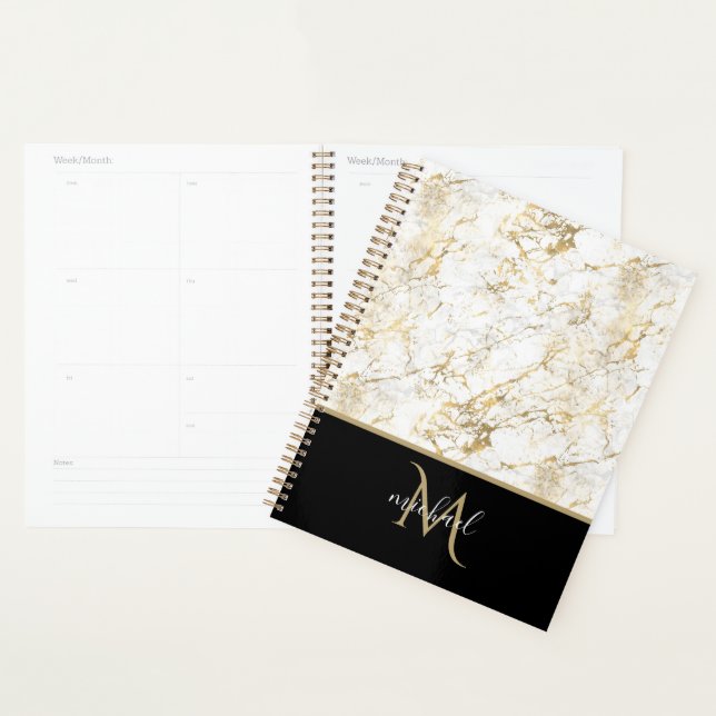 Gold & White Marble with Black Monogram Luxury Planner (Display)