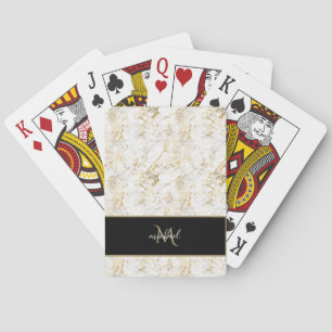 Gold & White Marble with Black Monogram Luxury Poker Cards