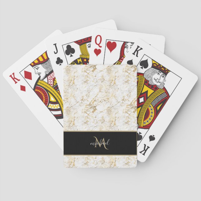 Gold & White Marble with Black Monogram Luxury Poker Cards (Back)