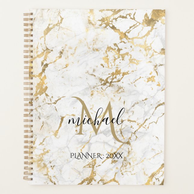 Gold & White Marble with Black Monogram Planner (Front)