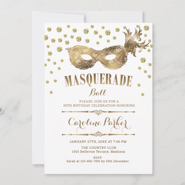 Gold White Masquerade Ball Birthday Party Invitation (Front)