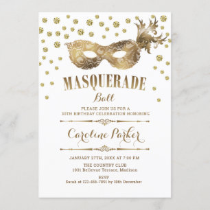 Gold White Masquerade Ball Birthday Party Invitation