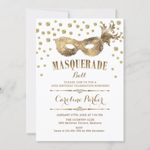 Gold White Masquerade Ball Birthday Party Invitation