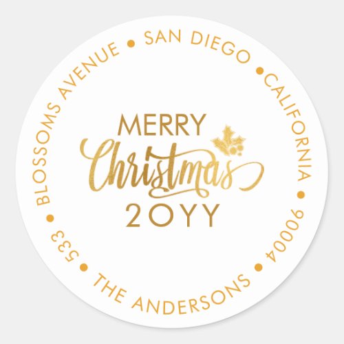 Gold  White Merry Christmas Custom Return Address Classic Round Sticker