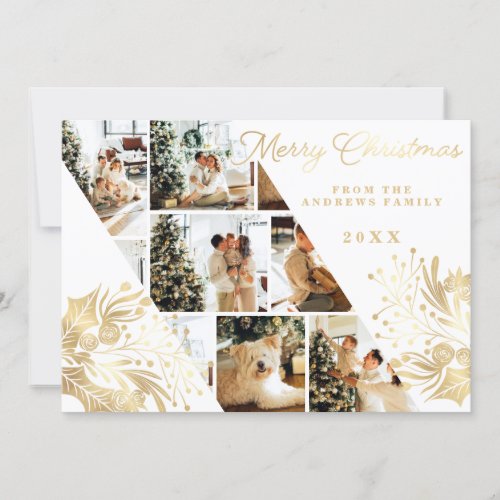 Gold White Merry Christmas Floral Photo Collage Holiday Card