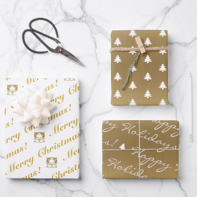 Gold White Merry Christmas Happy Holidays Trees Wrapping Paper Sheets (Front)