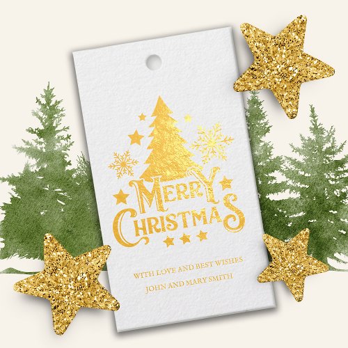 Gold White Merry Christmas Tree Foil Gift Tags