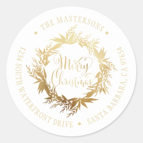 Gold White Merry Christmas Wreath Return Address Classic Round Sticker