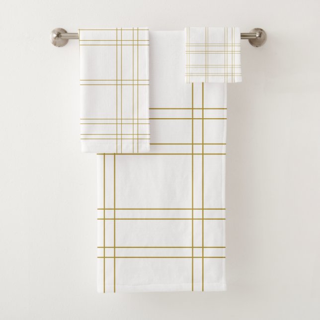 Gold & White Minimal Modern Plaid Clean Pattern Bath Towel Set (Insitu)