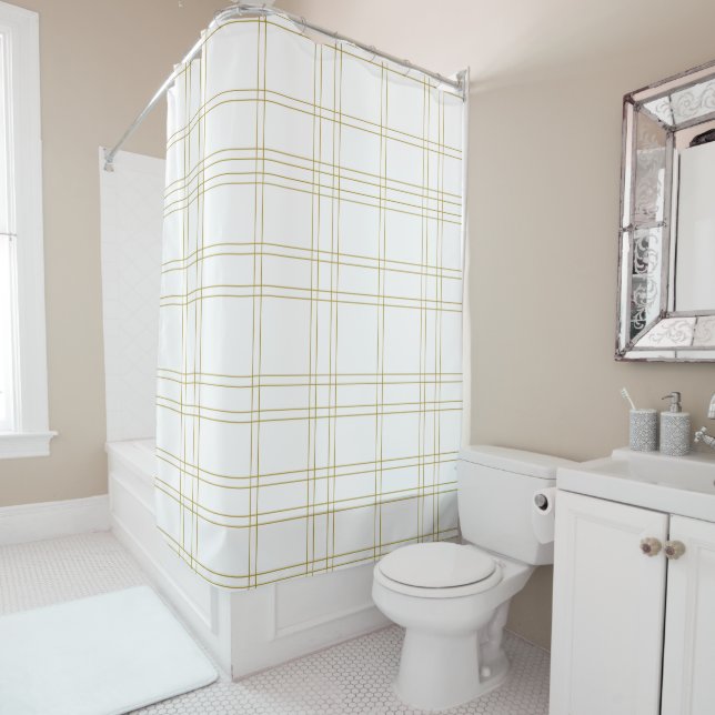 Gold & White Minimal Modern Plaid Clean Pattern Shower Curtain (In Situ)