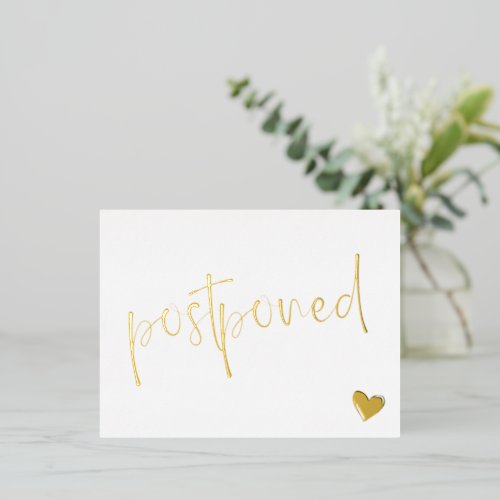 Gold  White Minimalist Postponed Wedding Foil Invitation Postcard