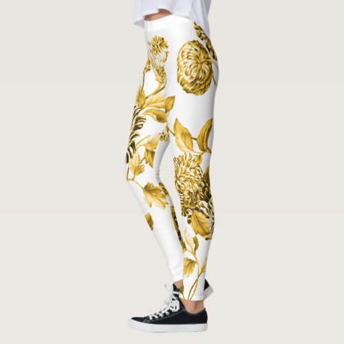 Gold  White Modern Botanical Floral Toile Leggings