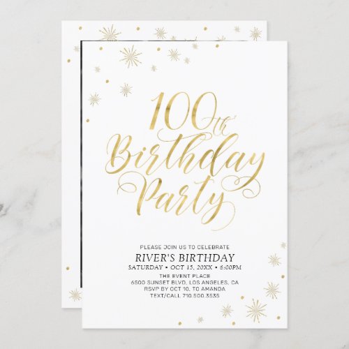 Gold  White  Modern Chic 100th Birthday Party Invitation