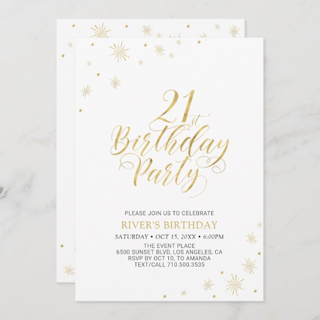 Gold & White | Modern Chic 21st Birthday Party Invitation (Front/Back)
