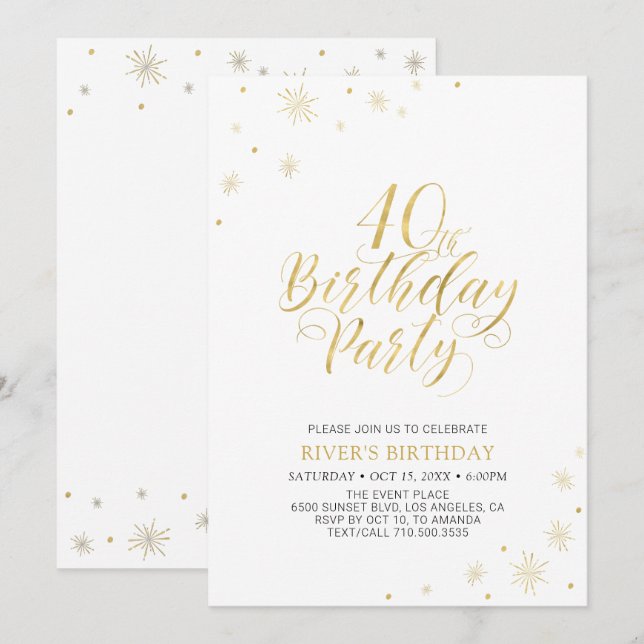 Gold & White | Modern Chic 40th Birthday Party Invitation (Front/Back)