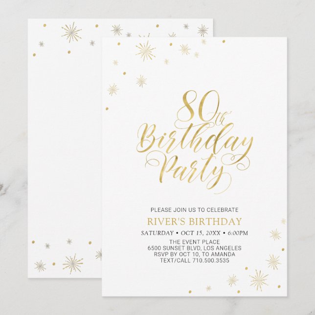 Gold & White | Modern Chic 80th Birthday Party Invitation (Front/Back)
