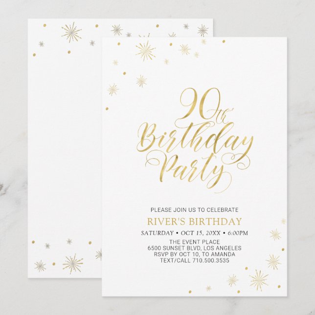 Gold & White | Modern Chic 90th Birthday Party Invitation (Front/Back)