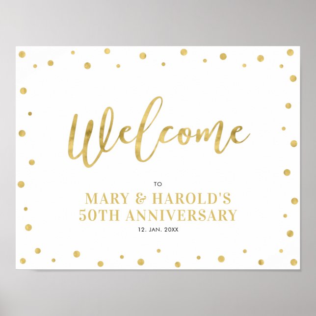 Gold & White | Modern Confetti Welcome Party Sign (Front)