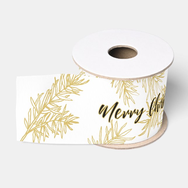 Gold White Modern Elegant Botanical Christmas Grosgrain Ribbon (Spool)