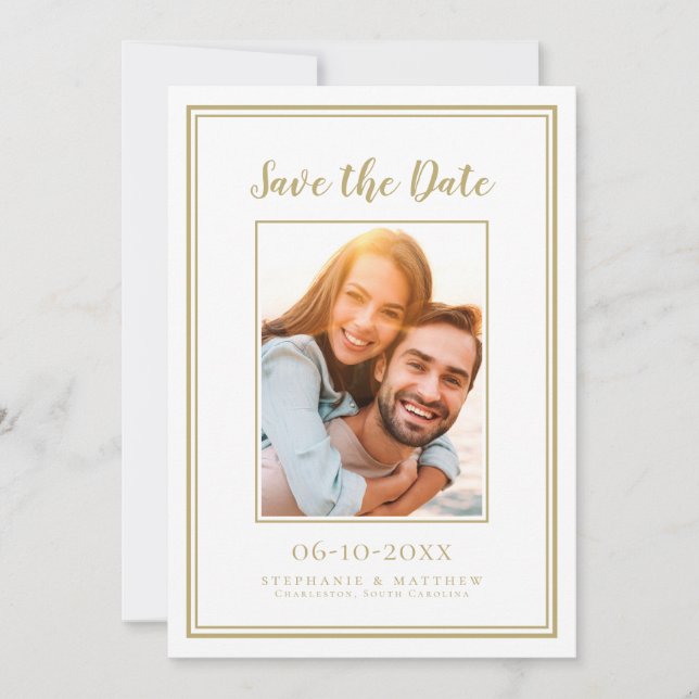 Gold White Modern Elegant Photo  Save The Date (Front)