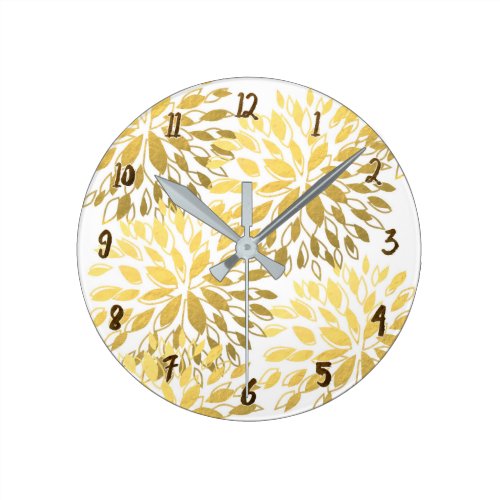 Gold &amp; White Modern Floral Art Faux Foil Glam Round Clock