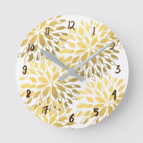 Gold  White Modern Floral Art Faux Foil Glam Round Clock