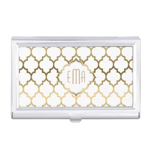 Gold & White Modern Geometric Quatrefoil Pattern Case For Business Cards