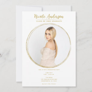 Gold & White Modern Round Photo Graduation Party Invitation