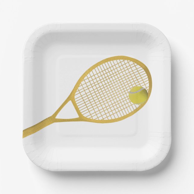 Gold & White Modern Tennis Ball Racket  Paper Plates (Front)