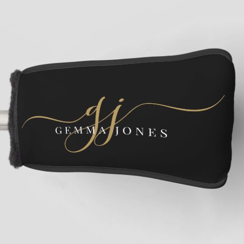 Gold White Monogram Feminine Script Name Black Golf Head Cover