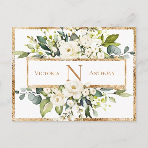 Gold White Monogram Floral Greenery Save the Date Postcard