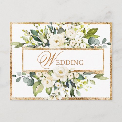 Gold White Monogram Floral Wedding Save the Date Postcard