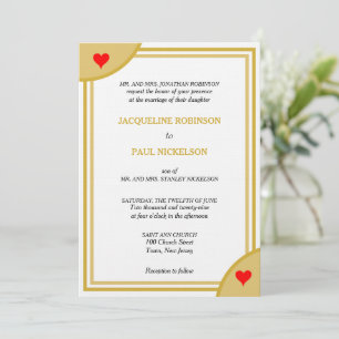 Gold White Monogram Geometric Wedding Red Hearts Invitation