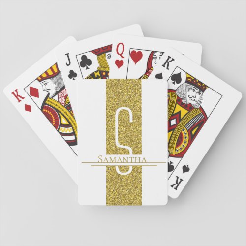 Gold White Monogram Glitter Poker Cards