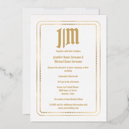 Gold white monogram monogrammed plain minimalist foil invitation