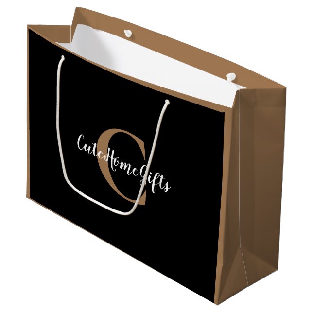 Gold White Monogram Name Luxury Large Gift Bag (Front Angled)