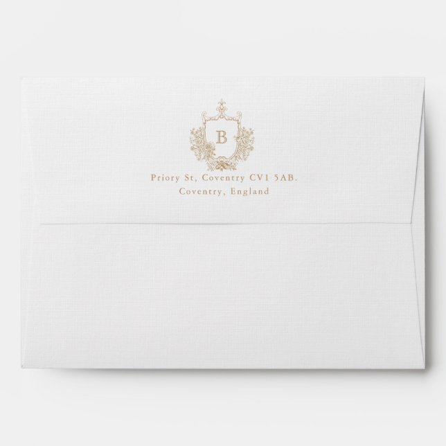 Gold White Monogram Return Address Wedding Envelope (Back (Top Flap))