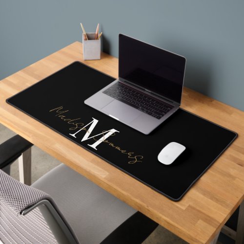 Gold White Monogram Script On Black Desk Mat