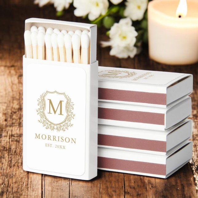 Gold White Monogram Wedding Floral Crest Matchboxes (Creator Uploaded)